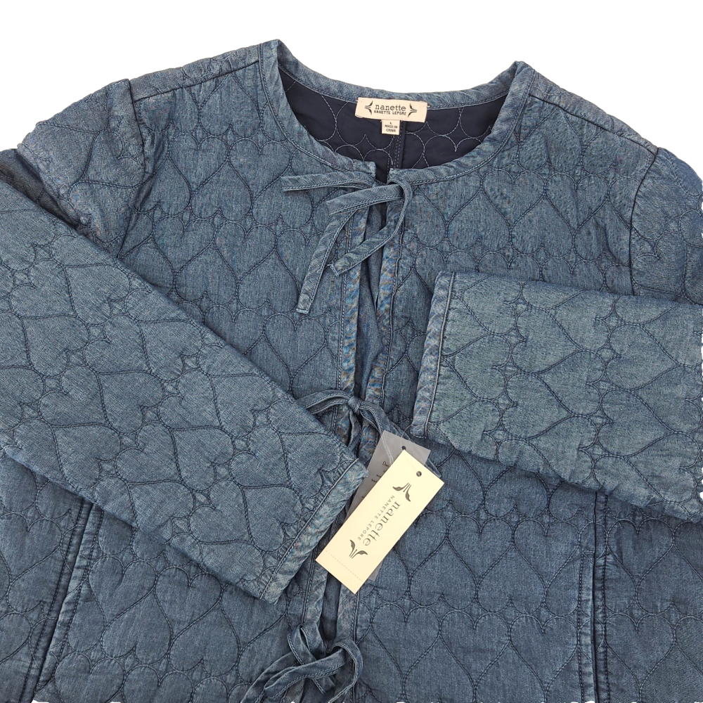 Nanette Lepore Quilted Jacket Womens L Blue Chambray Heart Stitch Tie Front NWT
